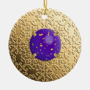 Gold Damask with a faux lapis lazuli gemstone Ceramic Tree Decoration