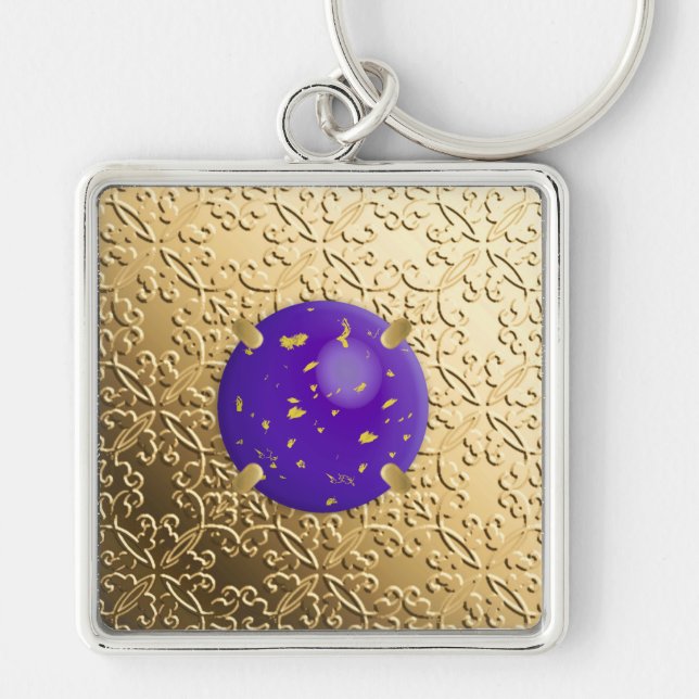 Gold Damask with a faux lapis lazuli gemstone Key Ring (Front)