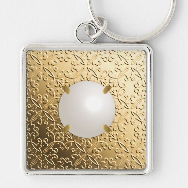 Gold Damask with a faux mabe pearl Key Ring (Front)