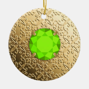 Gold Damask with a faux peridot gemstone Ceramic Tree Decoration