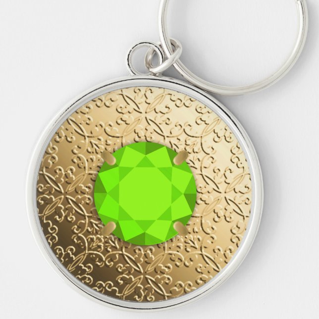 Gold Damask with a faux peridot gemstone Key Ring (Front)