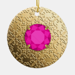 Gold Damask with a faux pink tourmaline gem Ceramic Tree Decoration