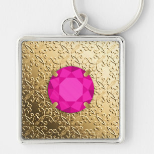 Gold Damask with a faux pink tourmaline gem Key Ring
