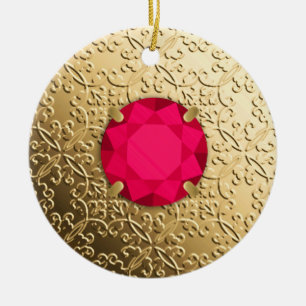 Gold Damask with a faux ruby gemstone Ceramic Tree Decoration