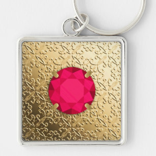 Gold Damask with a faux ruby gemstone Key Ring