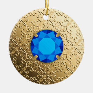 Gold Damask with a faux sapphire gemstone Ceramic Tree Decoration