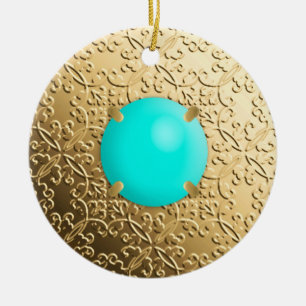 Gold Damask with a faux turquoise gemstone Ceramic Tree Decoration