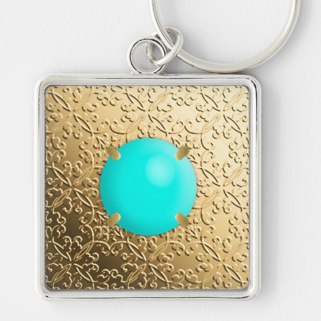 Gold Damask with a faux turquoise gemstone Key Ring (Front)