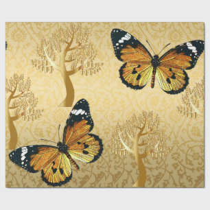 Gold Damask with Gold Trees and Butterflies Wrapping Paper