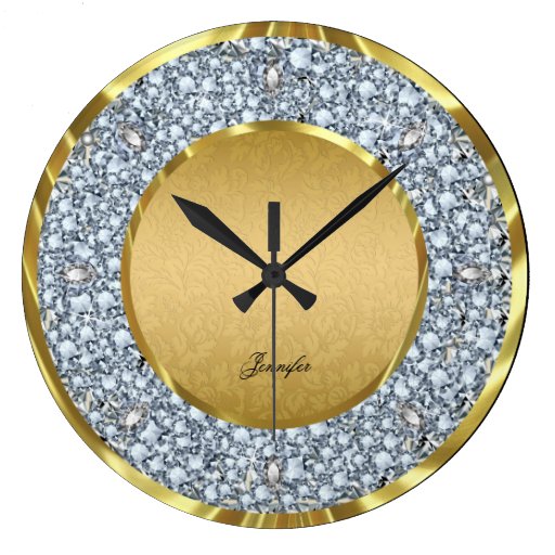 Image of Gold Damasks & Sparkling Diamonds Glitter-Monogram Large Clock
