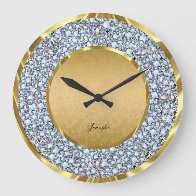 Gold Damasks & Sparkling Diamonds Glitter-Monogram Large Clock (Front)