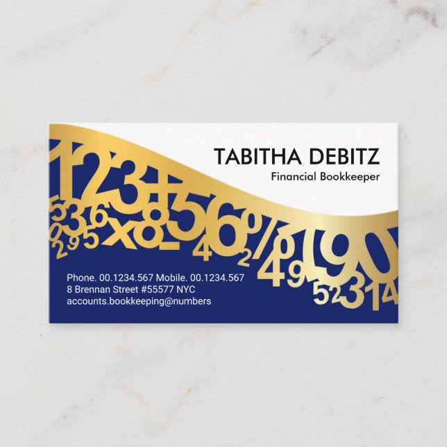 Gold Dancing Numbers Wave Business Card (Front)