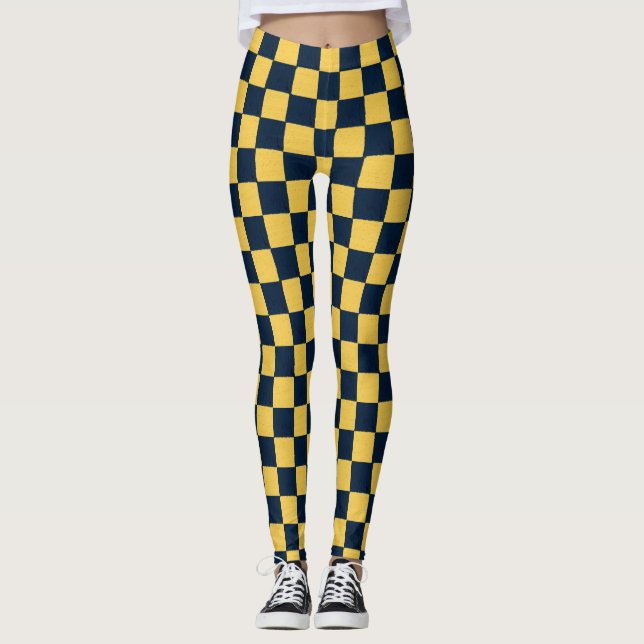Gold & Dark Blue checks hand drawn pastel b Leggings (Front)