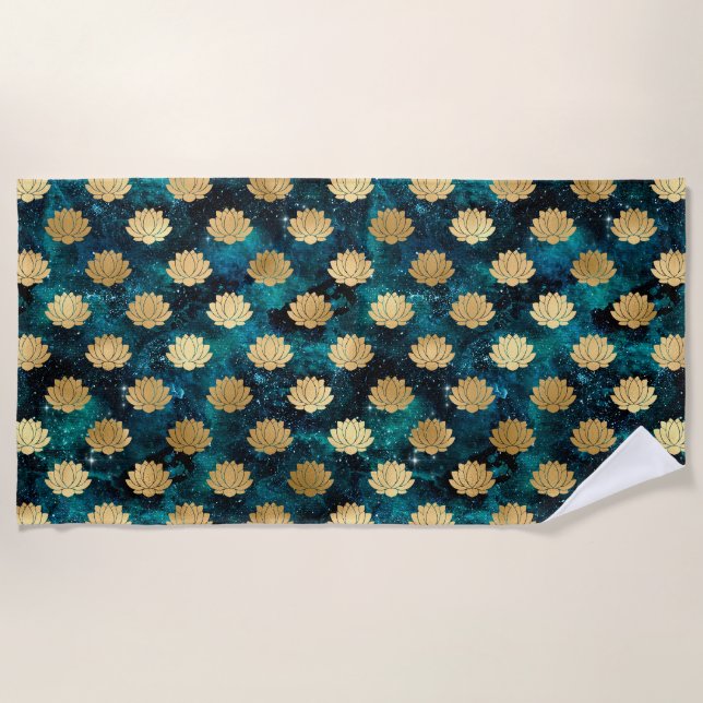 Gold & Dark Green Galaxy Dharma Mandala Pattern Beach Towel (Front)
