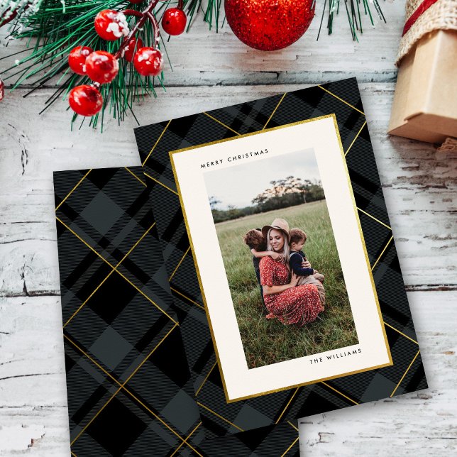 Gold & Dark Green Tartan Merry Christmas Photo Holiday Card (Creator Uploaded)