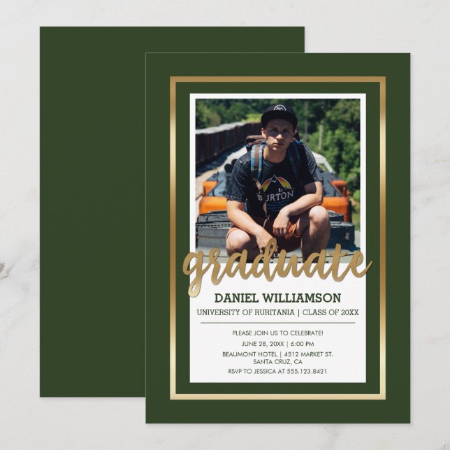 Gold & Dark Green Typography | Photo Graduation Invitation (Front/Back)