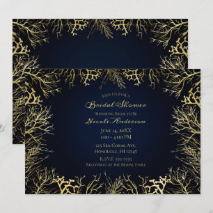 Gold & Dark Navy Blue Elegant Coral Bridal Shower Invitation