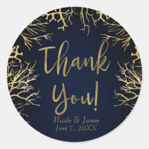 Gold & Dark Navy Blue Elegant Coral Wedding Classic Round Sticker