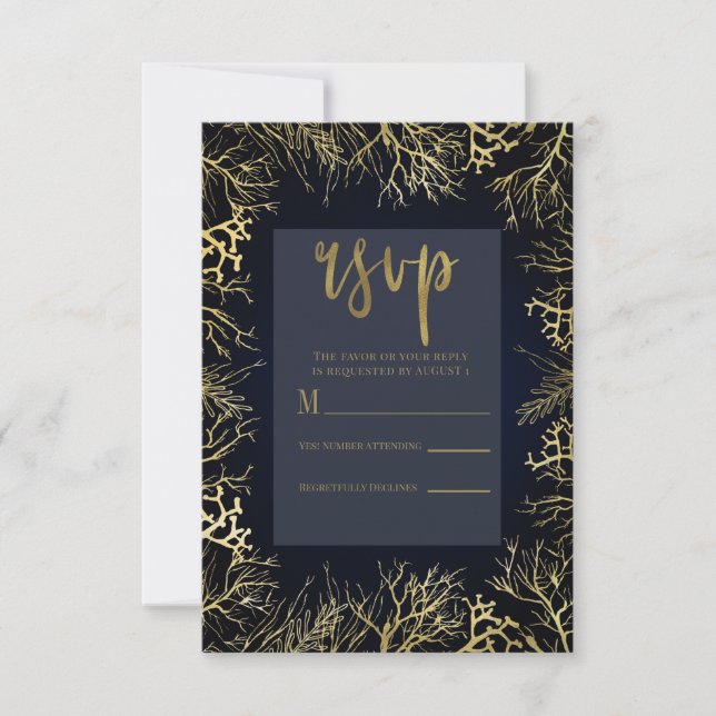 Gold & Dark Navy Blue Elegant Coral Wedding RSVP Card (Front)