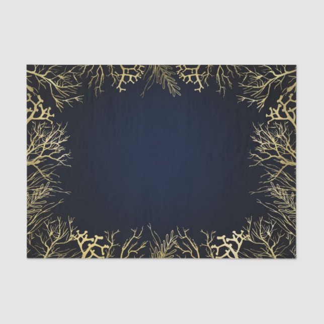 Gold & Dark Navy Blue Elegant Coral Wedding Tissue Paper (Front)