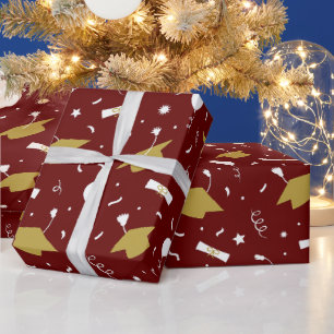 Gold Dark Red Graduation Cap Toss Wrapping Paper
