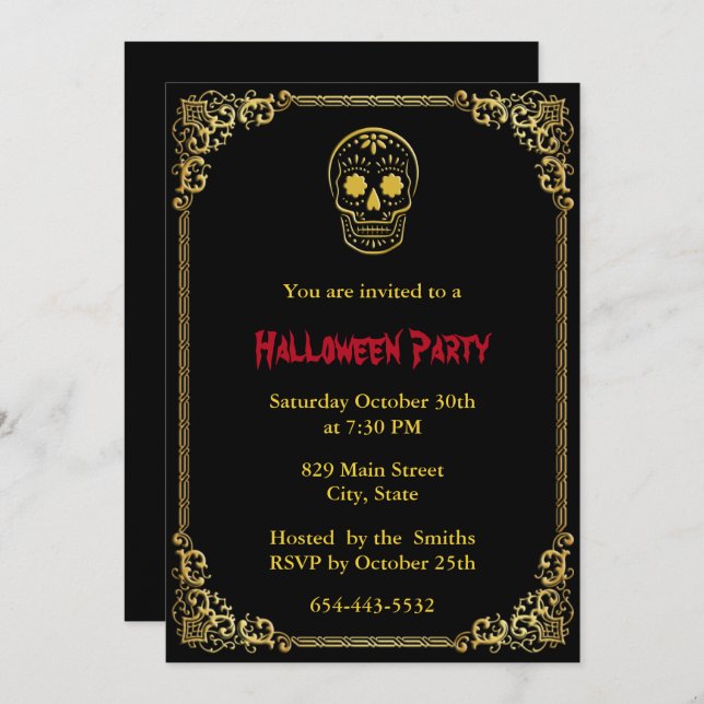 Gold Day Of The Dead Sugar Skull Halloween Invitation (Front/Back)