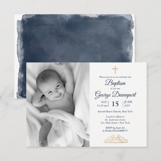 Gold decor Baptism custom photo Invitation (Front/Back)
