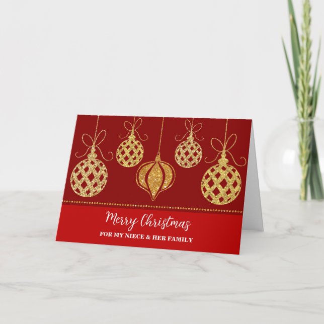 Gold Decorations Niece & Family Merry Christmas Card (Front)