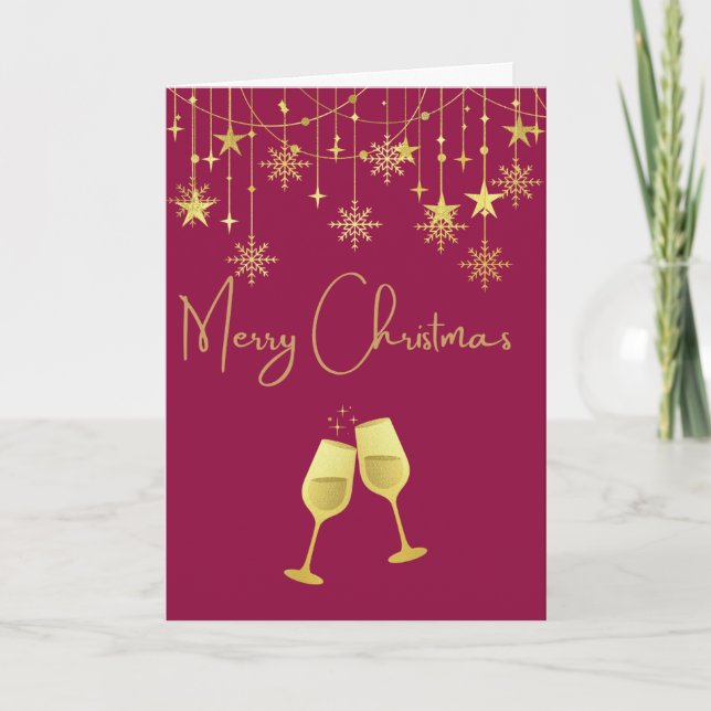 Gold decorations & wine glasses Christmas Card (Front)