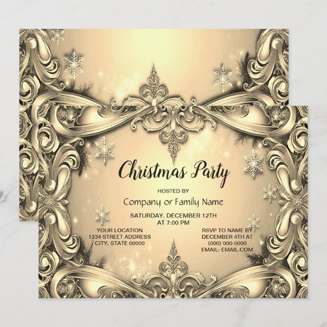 Gold Decorative Christmas Party Invitation (Front/Back)