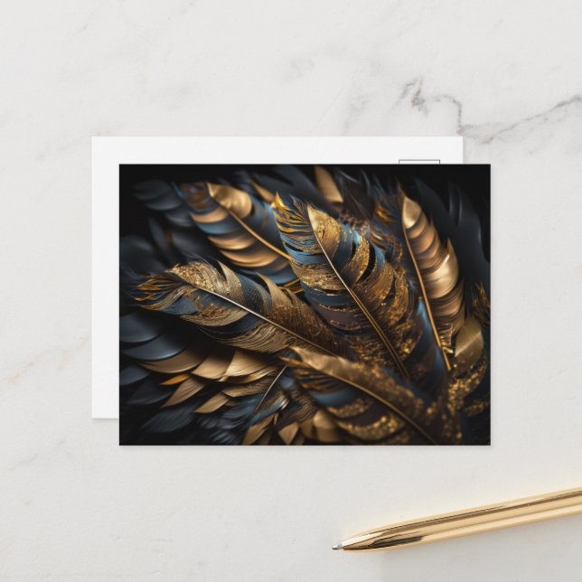 Gold Decorative Feathers Postcard (Front/Back In Situ)