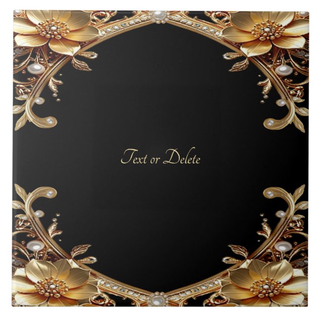 Gold Decorative Flowers Ceramic Tile (Front)