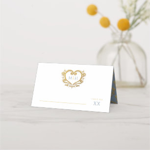 Gold decorative heart monogram wedding dusty blue place card