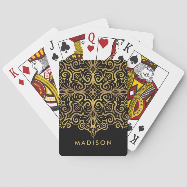 Gold Decorative Royal Ornament On Black Monogram Playing Cards (Back)