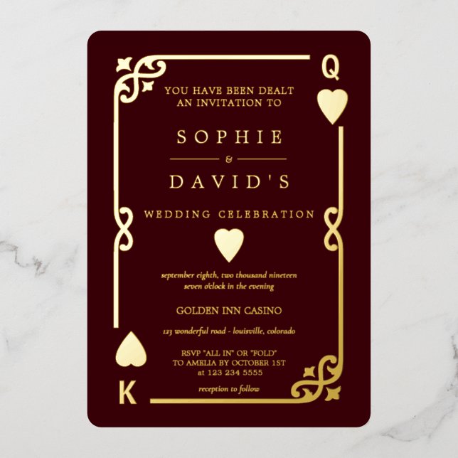 Gold Deep Burgundy Casino Vegas Poker Wedding (Front)