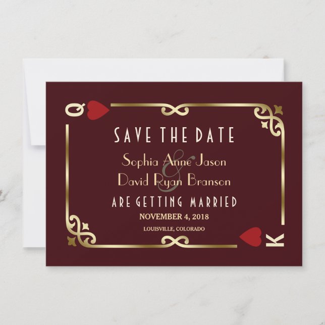 Gold Deep Burgundy Casino Vegas Poker Wedding Save The Date (Front)