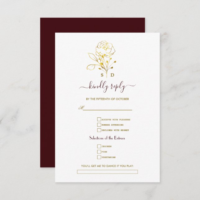 Gold Deep Burgundy Simple Song Request Wedding  RSVP Card (Front/Back)