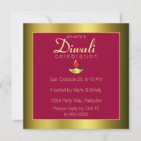Gold Deepas in Om on Bright Burgundy Invitation
