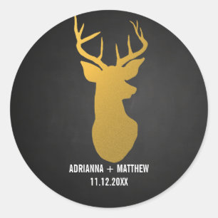 Gold Deer / Antler Chalkboard Wedding Classic Round Sticker