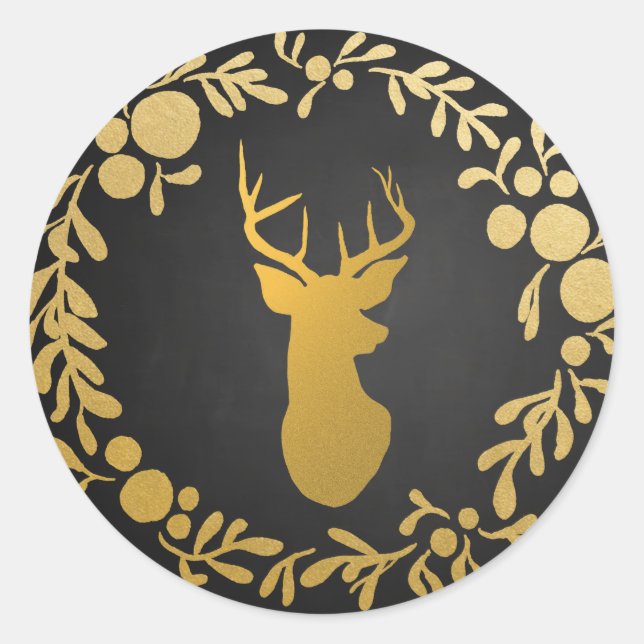 Gold Deer / Antler Chalkboard Wreath Classic Round Sticker (Front)