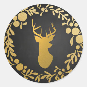 Gold Deer / Antler Chalkboard Wreath Classic Round Sticker