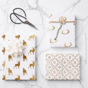 Gold Deer Antler Holiday Wrapping Paper Sheet