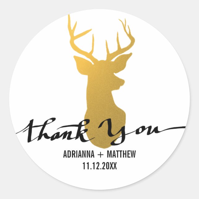 Gold Deer / Antler Wedding Thank You Typography Classic Round Sticker (Front)