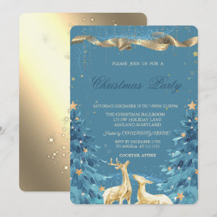Gold Deer, Blue Pine Trees Christmas Company Party Invitation
