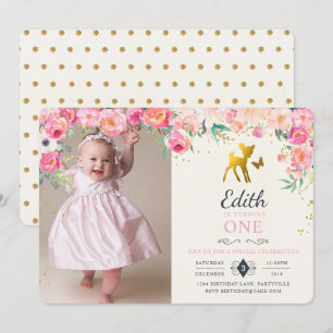 Gold Deer & Floral Photo Birthday Invitation