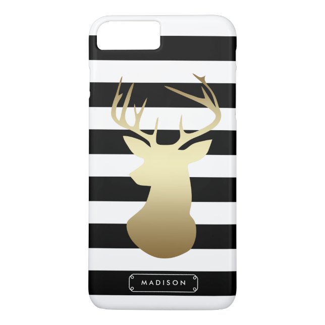 Gold Deer Head Black & White Stripes Personalised Case-Mate iPhone Case (Back)