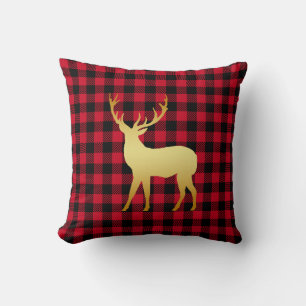 Gold Deer in Red Plaid Rustic Christmas Cushion