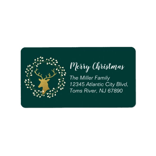 Gold Deer Merry Christmas Family Address Labels (Front)