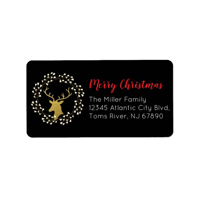 Gold Deer Merry Christmas Family Address Labels (Front)