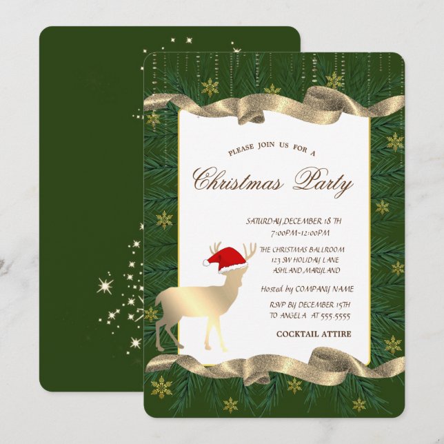 Gold Deer Santa Hat,Branches Green Christmas Party Invitation (Front/Back)
